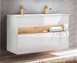 3-teiliges Badmöbel-Set Bahama mit Waschplatz 120cm, Hoch- & Spiegelschrank | weiß-hochglanz - wildeiche
