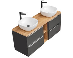 Badezimmer Waschplatz CAPRI 140cm | inkl. 2x Keramik Aufsatzwaschbecken | schwarz-goldeiche