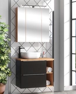 Badezimmer SET CAPRI 80cm 2-tlg.  | Aufsatz-Waschbecken & Spiegelschrank | schwarz-goldeiche