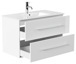Badset KUBOA 4-teilig 90cm breit | Waschplatz, Touch-LED-Spiegel & 2x Hochschrank | weiß-hochglanz