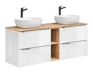 Badezimmer Waschplatz CAPRI 140cm | inkl. 2 Stück Aufsatzwaschbecken | weiß-goldeiche