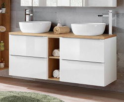 Badezimmer Waschplatz CAPRI 140cm | inkl. 2 Stück Aufsatzwaschbecken | weiß-goldeiche