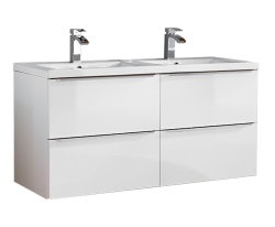 Badezimmer SET CAPRI 120cm 3-tlg.  | Doppelwaschbecken, Hoch- und Spiegelschrank | weiß-goldeiche