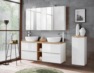 Badezimmer SET CAPRI 140cm 3-tlg.  | Aufsatz-Waschbecken, Hoch- und Spiegelschrank | weiß-goldeiche