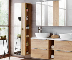 Badezimmer Hochschrank CAPRI | mit Spiegel und Glasb&ouml;den | goldeiche