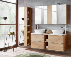 Badezimmer Hochschrank CAPRI | mit Spiegel und Glasböden | goldeiche