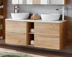 Badezimmer SET CAPRI 140cm 3-tlg.  | Aufsatz-Becken, Hoch- und Spiegelschrank | goldeiche