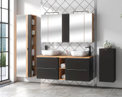 Badezimmer Unterschrank CAPRI | mit integriertem Wäschekorb | goldeiche-schwarz