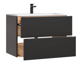 Badezimmer SET CAPRI 80cm 4-tlg.  | Waschtisch, Hoch & Spiegelschrank | schwarz-goldeiche