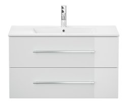 Badset KUBOA 5-teilig 90cm breit | Waschplatz, Spiegel + Hängeschränke| weiß-hochglanz