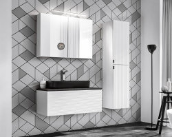Badezimmer Waschplatz WHITSKAND 60cm | mit Aufsatzbecken Keramik | weiß - grau-eiche