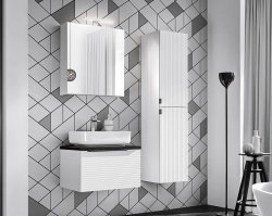 Badezimmer Waschplatz WHITSKAND 90cm | Aufsatzbecken Keramik schwarz | weiß - grau-eiche