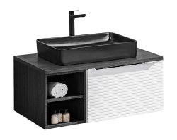 Badezimmer Set 3-teilig Whitskand 90cm II | inkl. Aufsatz-Waschbecken | weiß - grau-eiche