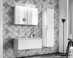 Badezimmer Set 3-teilig Whitskand 150cm | inkl. Aufsatz-Waschbecken | weiß - grau-eiche
