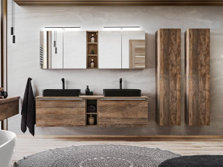 Badezimmer Set 4-teilig OAKLEE 180cm | inkl. Aufsatz-Waschbecken schwarz | Rauch-Eiche