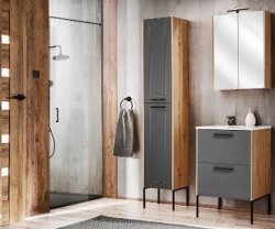 Badezimmer SET 3-tlg. MADERA 60cm | Waschplatz, Hoch- & Spiegelschrank | graphitgrau-eiche