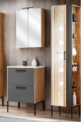 Badezimmer SET II 3-tlg. MADERA 60cm | Waschplatz, Glas-Hoch- &amp; Spiegelschrank | graphitgrau-eiche