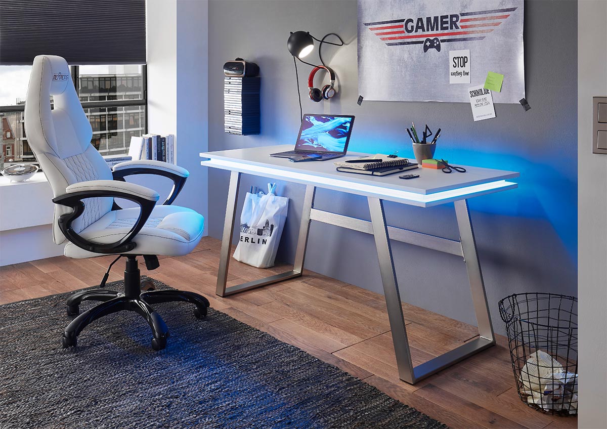LED Schreibtisch Homeoffice / Gamedesk Tiflis 140cm | weiss-matt - Edelstahl-Optik