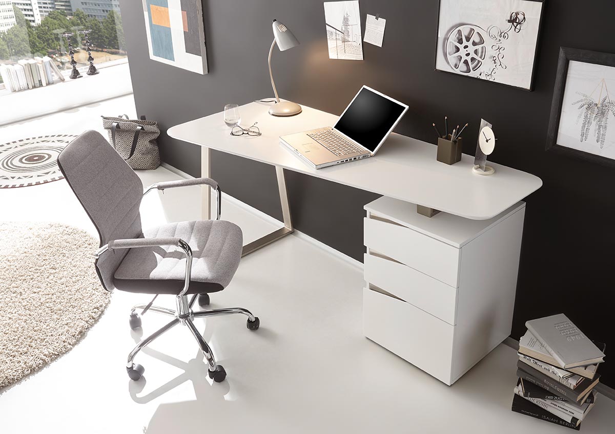 Schreibtisch Homeoffice Tori 150cm | MDF weiss-matt lackiert - Edelstahl-Optik